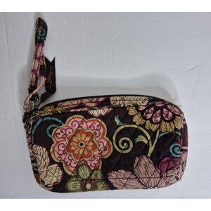 Vera Bradley "Mod Floral Pink" wristlet in a brown quilted cotton fabric